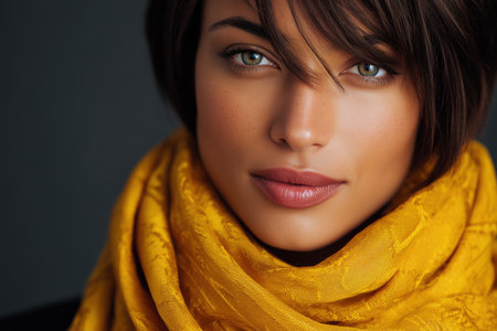 A close-up fashion portrait featuring a model with striking eyes and a vibrant yellow scarf. The soft lighting enhances the model's features, creating a captivating and stylish image. ai generated.の素材