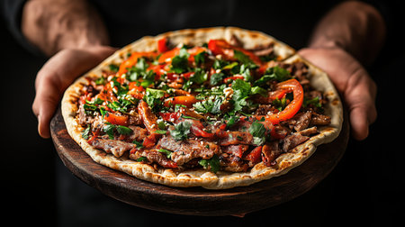 A freshly made pizza topped with colorful vegetables and herbs, held by a person. This appetizing dish showcases the vibrant ingredients that make fast food enjoyable. ai generated.の素材
