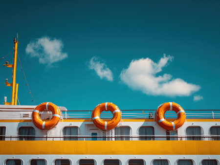 This image features bright orange lifebuoys mounted on the deck of a cruise ship under a clear blue sky. The vibrant colors create a striking contrast against the ship's white exterior. ai generated.の素材