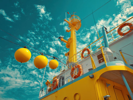 A colorful ship with a bright yellow exterior and lifebuoys, set against a dramatic blue sky with scattered clouds. The image captures the essence of maritime adventure and safety at sea. ai generated.の素材