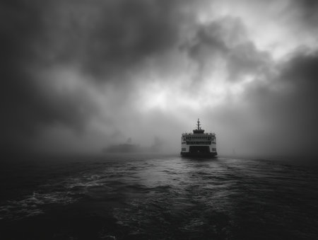 A ferry boat makes its way through thick fog, creating a mysterious atmosphere. The dark clouds and water reflections add to the dramatic scene. ai generated.の素材