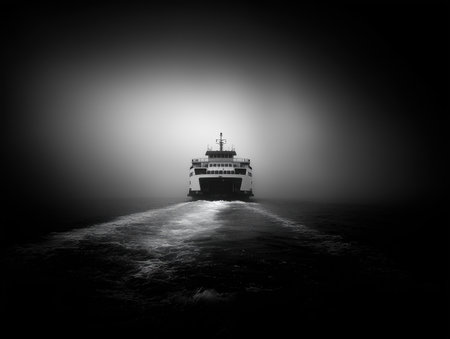 A ferry boat is seen moving through a dense fog, creating a mysterious atmosphere. The monochrome setting emphasizes the silhouette of the vessel against the misty backdrop. ai generated.の素材