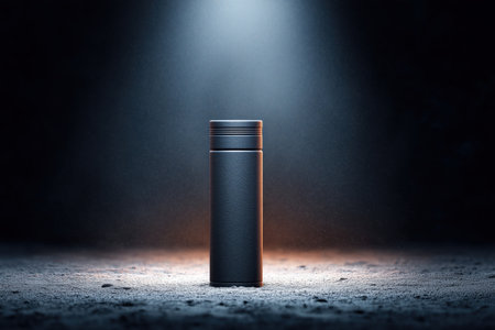 A sleek black thermos stands prominently in a spotlight, creating a dramatic effect. The contrasting light highlights its modern design against a dark background. ai generated.の素材