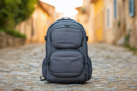 A stylish gray backpack is positioned on a cobblestone street, surrounded by charming buildings. This image captures the essence of travel and adventure, perfect for showcasing outdoor gear. ai generated.の素材
