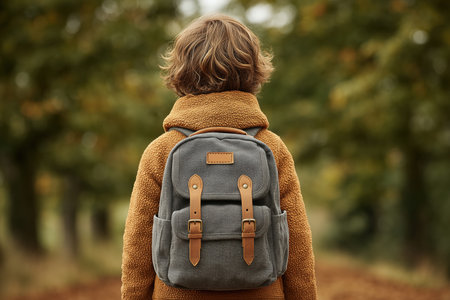 A child wearing a cozy brown hoodie stands in an autumn forest, showcasing a stylish backpack. The warm colors of the leaves create a serene backdrop for outdoor adventures. ai generated.の素材