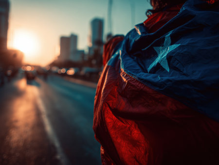 A silhouette of a person draped in the Chilean flag during sunset. The urban backdrop features city buildings and a warm glow from the setting sun. ai generated.の素材