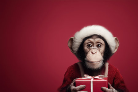 a playful monkey dressed in a santa hat and red outfit holds a wrapped gift against a festive red background. this whimsical image captures the spirit of holiday cheer and celebration. ai generated.の素材