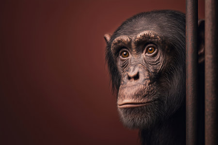A close-up portrait of a chimpanzee looking thoughtfully through bars. The warm background adds depth to the image, highlighting the chimp's expressive features. ai generated.の素材