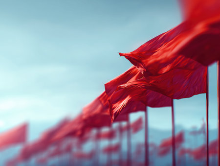 A close-up view of red flags waving in the wind, symbolizing the Chinese economy. The vibrant color and movement evoke a sense of national pride and economic strength. ai generated.の素材