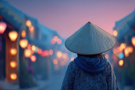 A serene view of a person wearing a conical hat, standing in a traditional street adorned with lanterns during dusk. This image captures the essence of Chinese culture and heritage. ai generated.の素材