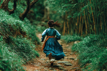A woman in traditional attire runs along a stone path in a lush bamboo forest, embodying elements of chinese culture. The vibrant greenery and serene environment create a captivating scene that highlights the beauty of nature and heritage. ai generated.の素材