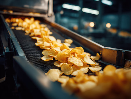 a close-up view of potato chips moving along a conveyor belt in a production facility. The image captures the manufacturing process of snack food, highlighting the texture and color of the chips. ai generated.の素材