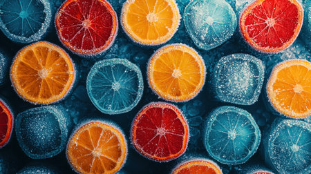 This image features a vibrant arrangement of frozen citrus slices, including oranges, lemons, and grapefruits, set against a cool blue background. The bright colors and textures create a refreshing visual perfect for food-related themes. ai generated.の素材