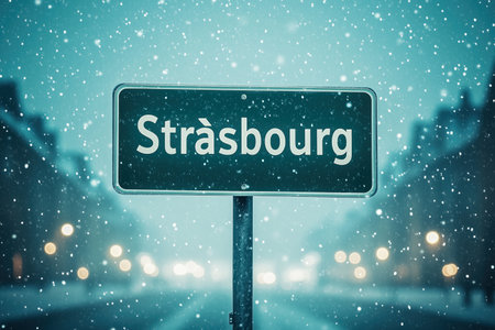 A city sign indicating Strasbourg is covered in snow, creating a serene winter atmosphere. The soft glow of streetlights adds to the charm of the scene. ai generated.の素材