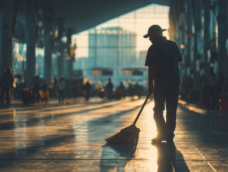 A silhouette of a cleaning worker sweeping the floor in a spacious public area. The warm light creates a serene atmosphere, highlighting the importance of cleanliness in busy environments. ai generated.の素材