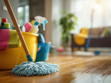 a vibrant scene showcasing various cleaning materials including a mop and a bucket. The image captures a cozy living space, emphasizing the importance of cleanliness and organization. ai generated.の素材