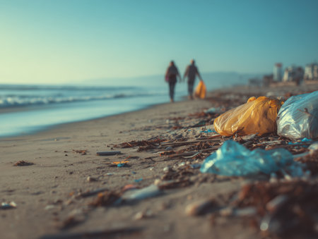 This image captures a beach scene littered with plastic waste, highlighting the issue of pollution. In the background, two individuals walk along the shoreline, emphasizing the contrast between nature and human impact. ai generated.の素材