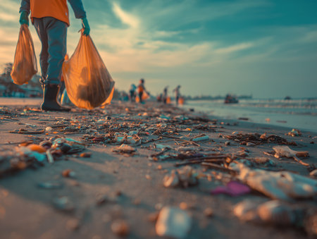 A person collecting trash on a beach during sunset, highlighting environmental conservation efforts. The scene captures litter scattered on the shore, emphasizing the importance of keeping beaches clean. ai generated.の素材