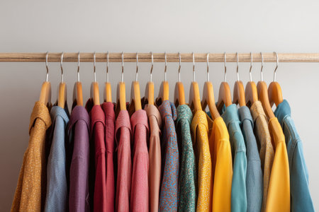 A collection of vibrant shirts neatly hung on a wooden rack. The variety of colors creates a visually appealing display, perfect for fashion and retail themes. ai generated.の素材