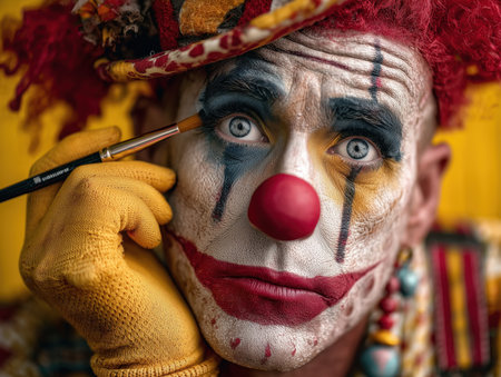 A vibrant clown with striking makeup and a playful expression is applying face paint. The bright colors and detailed features create an engaging and whimsical atmosphere. ai generated.の素材