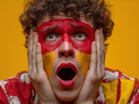 A clown with vibrant red and yellow face paint shows a surprised expression. The bright background enhances the playful and whimsical nature of the image. ai generated.の素材