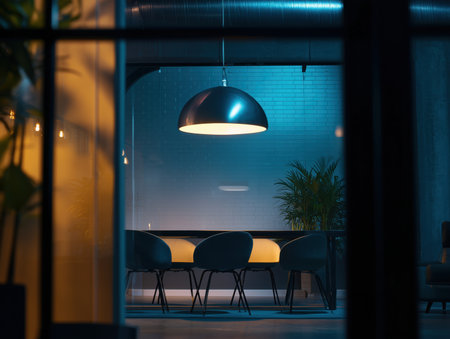 This image showcases a modern co-working space featuring a sleek design and ambient lighting. The inviting atmosphere is enhanced by comfortable seating and greenery, ideal for collaboration and creativity. ai generated.の素材