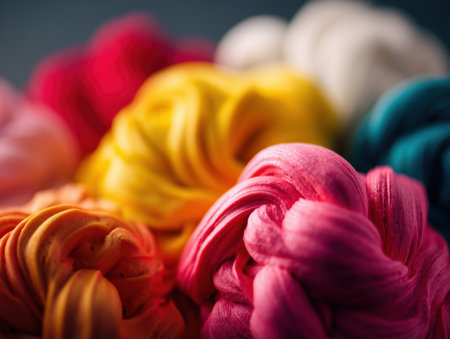 a close-up view of colorful yarn bundles showcasing vibrant shades. The intricate textures and hues create a visually appealing composition perfect for craft and textile themes. ai generated.の素材