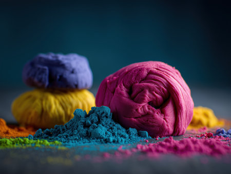 a vibrant display of colorful powdered pigments and clay arranged artistically. The bright hues create an eye-catching composition suitable for artistic themes. ai generated.の素材