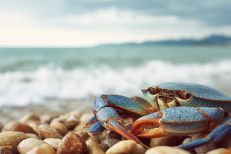 A blue crab rests on a sandy beach surrounded by pebbles, with ocean waves gently crashing in the background. The scene captures the beauty of coastal wildlife and the serene atmosphere of the shoreline. ai generated.の素材