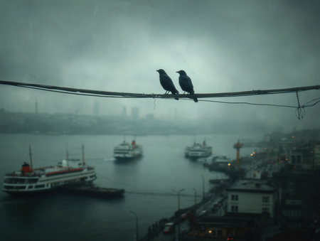 two crows sit on a wire against a moody, foggy harbor backdrop. The scene captures a tranquil yet dramatic atmosphere with boats in the distance. ai generated.の素材