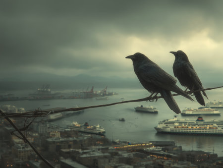 This image features two crows sitting on a power line with a cityscape in the background. The moody atmosphere adds a dramatic touch to the scene. ai generated.の素材