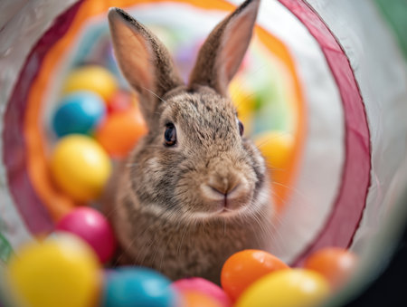 A charming rabbit sits among vibrant easter eggs, creating a festive atmosphere. This image captures the essence of springtime celebrations and the joy of the Easter holiday. ai generated.の素材