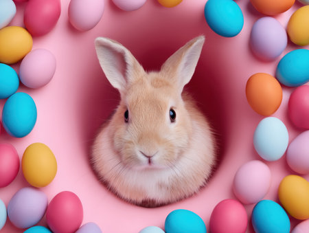 A cute easter bunny sits in a circular arrangement of colorful eggs. The vibrant colors and festive theme make it perfect for celebrating the easter holiday. ai generated.の素材