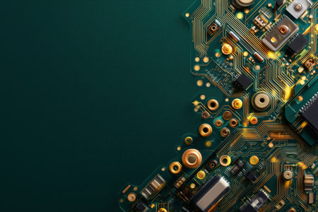 A close-up view of a circuit board featuring various electronic components. The intricate details highlight the complexity of modern technology and electronics. ai generated.の素材