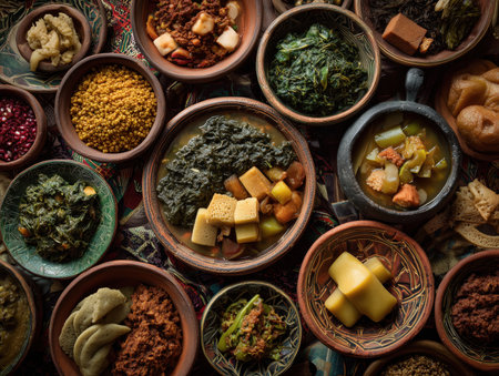 an array of traditional ethiopian cuisine served in decorative bowls. the vibrant dishes showcase a mix of vegetables, lentils, and spices, highlighting the rich culinary heritage of ethiopia. ai generated.の素材