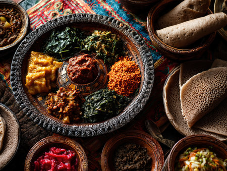 An overhead view of a traditional ethiopian meal featuring a variety of colorful dishes served in clay bowls. The vibrant spices and ingredients highlight the rich culinary heritage of ethiopia. ai generated.の素材