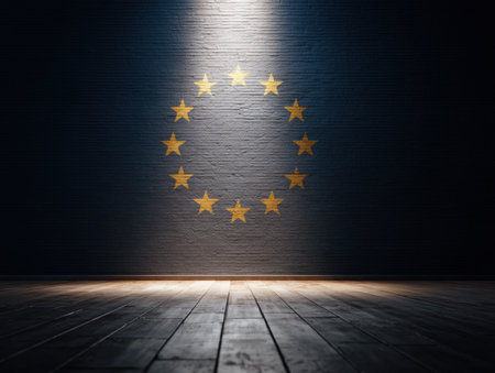 A representation of the european union flag illuminated against a dark background. The stars are prominently displayed, symbolizing unity and cooperation among member states. ai generated.の素材