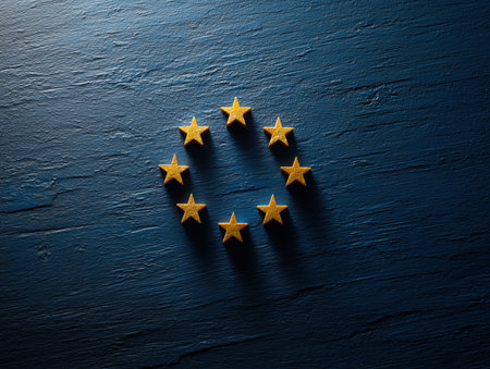A creative representation of the European Union with golden stars arranged in a circular pattern against a blue background. This image symbolizes unity and collaboration among European nations. ai generated.の素材
