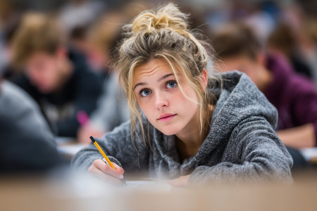 A focused student is writing during an exam in a classroom filled with peers. The atmosphere reflects concentration and academic effort. ai generated.の素材