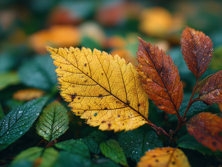 A close-up view of vibrant autumn leaves scattered on the ground, showcasing a variety of colors including yellow, orange, and red. The image captures the essence of fall with its rich textures and natural beauty. ai generated.の素材