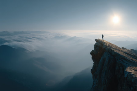a breathtaking view of a mystical landscape with a lone figure standing on a cliff. The scene captures the ethereal beauty of fantasy worlds, shrouded in mist and illuminated by the soft light of dawn. ai generated.の素材