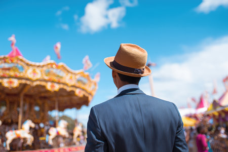 A man wearing a suit and hat stands in front of a colorful carousel at a festival. The vibrant atmosphere and clear blue sky create a joyful scene. ai generated.の素材