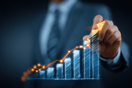 A businessman in a suit is pointing at a digital financial growth chart, symbolizing success and progress in finance. The image conveys themes of investment, analytics, and business strategy. ai generated.の素材