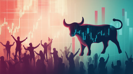 This illustration depicts a bull market scenario with a crowd celebrating and a bull symbolizing financial growth. The background features stock market charts, emphasizing the theme of finance and investment. ai generated.の素材