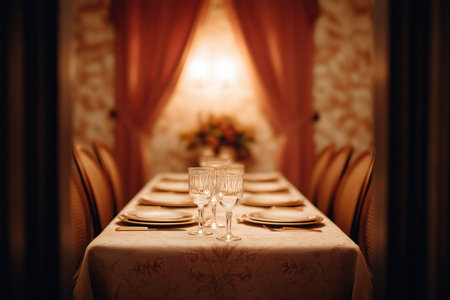 A beautifully arranged dining table with elegant tableware in a warm, inviting setting. The soft lighting and floral decor create a perfect ambiance for a special occasion. ai generated.の素材