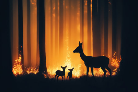 A striking silhouette of deer standing in a forest as a wildfire rages in the background. The warm glow of the flames contrasts with the dark trees, creating a dramatic scene of nature's struggle. ai generated.の素材
