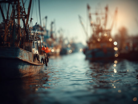 a serene view of fishing boats docked in a harbor during sunset, creating a tranquil atmosphere. The reflection of the boats in the water adds to the picturesque scene. ai generated.の素材