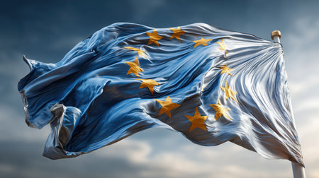 The european union flag is prominently displayed, waving gracefully in the wind against a dramatic sky. This image symbolizes international relations and unity among member states. ai generated.の素材