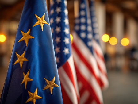 This image features the flags of the European Union and the United States, symbolizing international relations and cooperation. The blurred background adds a warm ambiance, highlighting the importance of diplomacy. ai generated.の素材