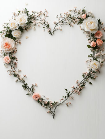 a beautiful heart-shaped floral arrangement featuring various flowers and greenery. This elegant design is perfect for weddings, anniversaries, or romantic occasions. ai generated.の素材